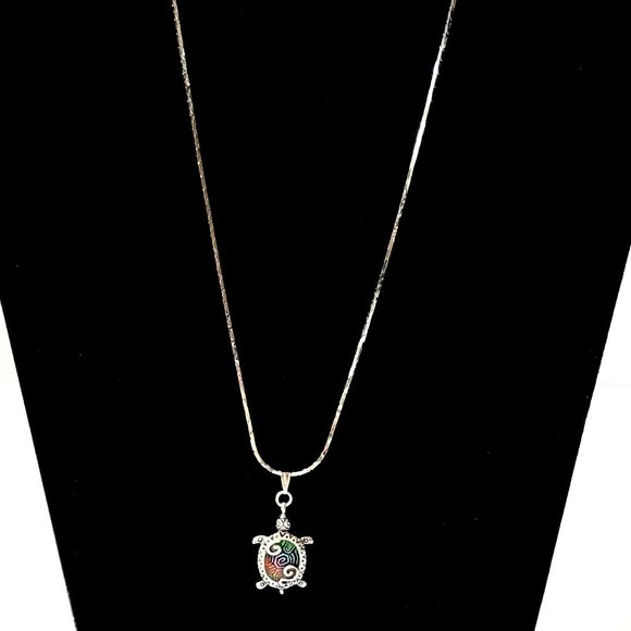 Silver Sea Turtle Pendant Necklace Colorful Enamel Plated 19" Nautical Island - Picture 5 of 14